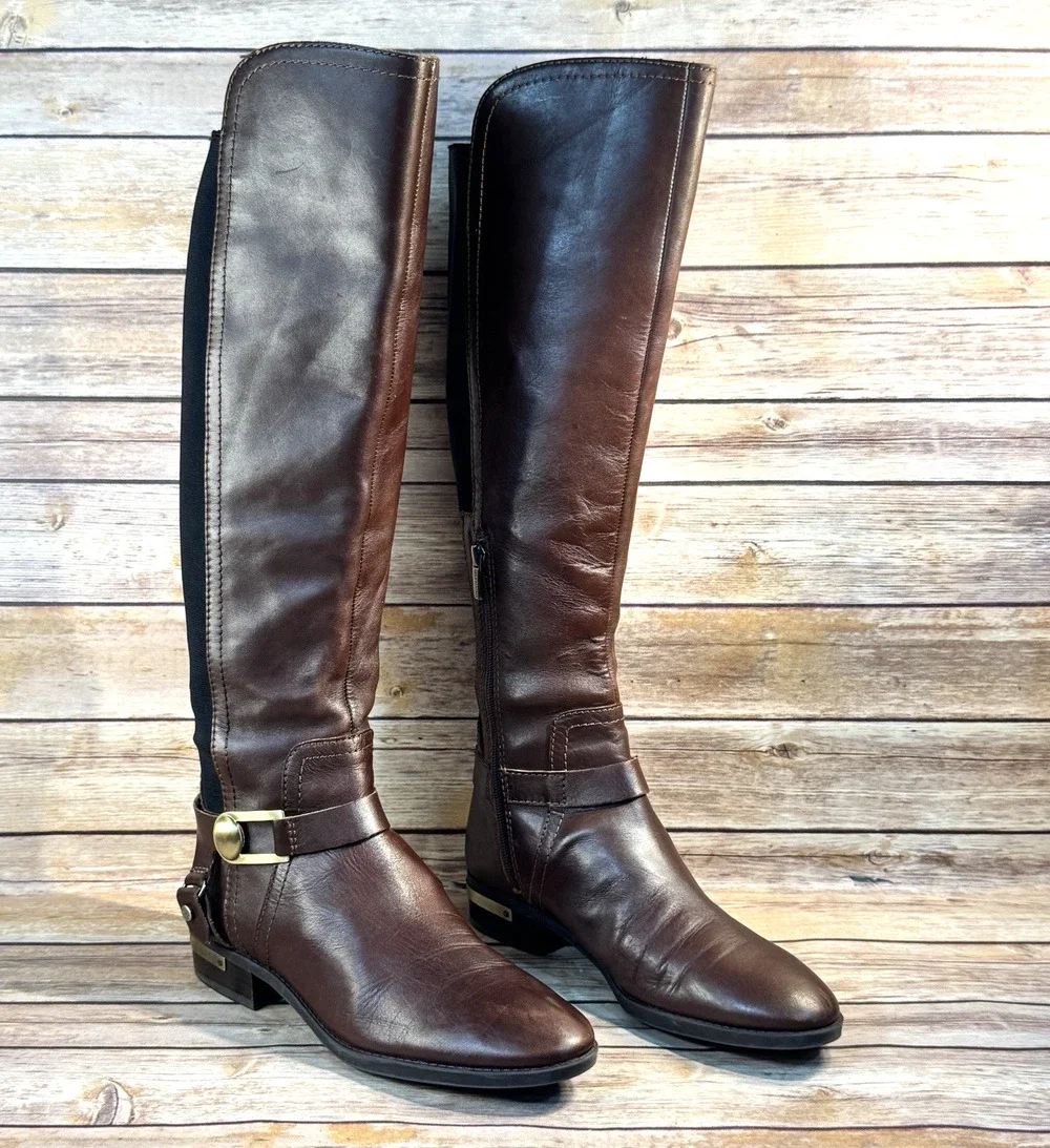 Vince Camuto Womens Brown Leather Pearly Equestriani Riding Boots 9M
